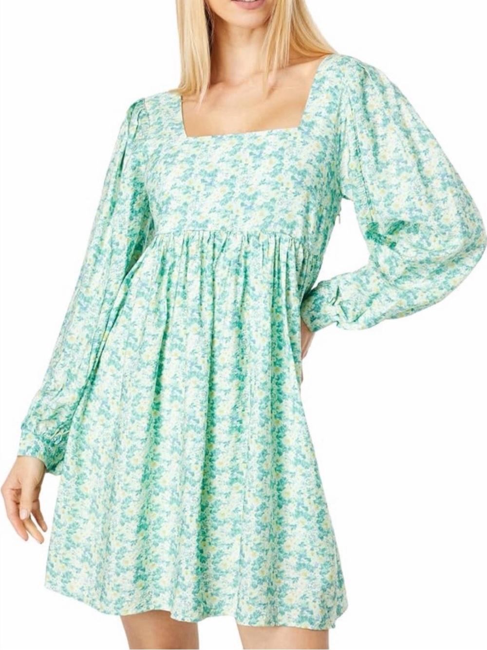 Moon River Long Puff Sleeve Floral Dress Green